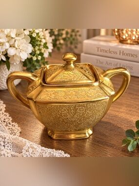 ANTIQUE ARZBERG BAVARIA 1253 RARE SUGAR BOWL GOLD FLORAL PRINT c.1915-1927